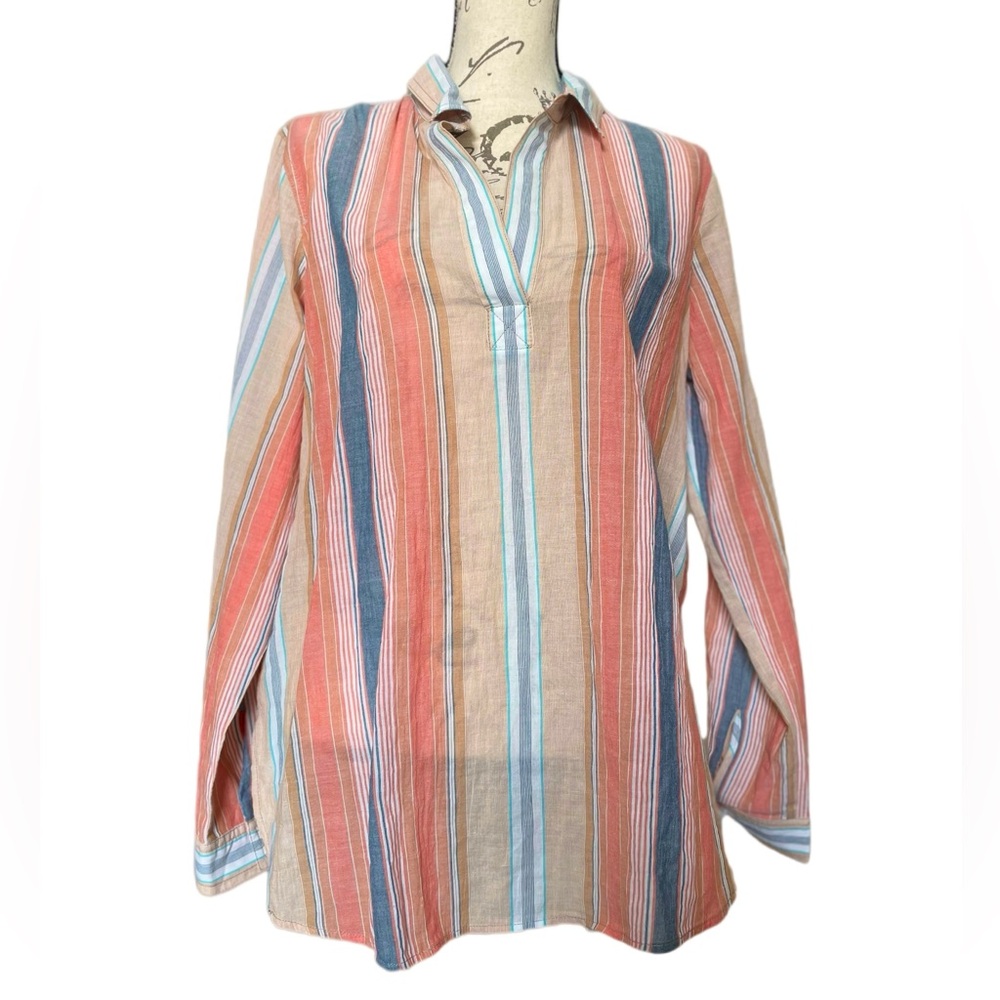 Tommy Hilfiger Women Spread Neck Long Sleeves Stripe Shirt Orange Combo - M NWOT